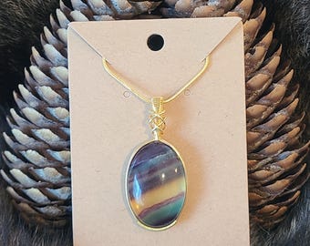 Banded Argentinian Fluorite w/ 22K Gold Plated Wire Wrapped Pendant Necklace