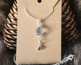 Moldavite and Quartz Wire Wrapped Pendant Necklace