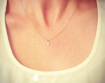 Tiny Cross Necklace in Gold - Little Dainty Cross Charm on Gold Filled Fine Cable Chain - Faith Necklace - The Lovely Raindrop