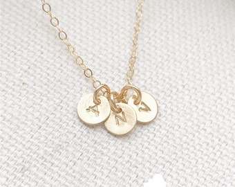 SALE - Tiny Customized Initial 1/4" Triple Disc Necklace in gold - Little Disc Charms - Personalized - Bridal Gift - thelovelyraindrop