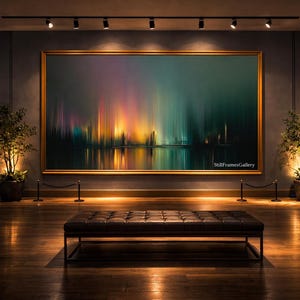 Puede incluir: Interior de una galería de arte con una gran pintura abstracta enmarcada con colores vibrantes. La obra de arte es el punto focal, con un banco de cuero oscuro en frente. La sala tiene pisos de madera noble, plantas en macetas e iluminación de riel.