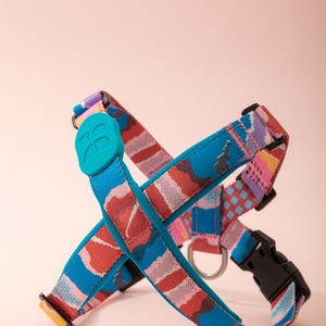 May include: A blue and pink patterned dog harness with a turquoise buckle and a silver D-ring.