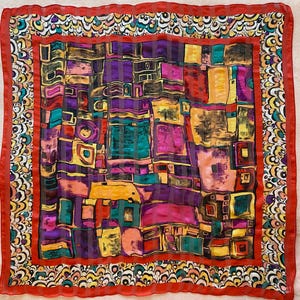 Vintage Pure Silk Scarf 82x82 cm (32 x 32 inches), Klimt Style Abstract Art Print, Colorful Square Shawl, Geometric Pattern, Gift for Her