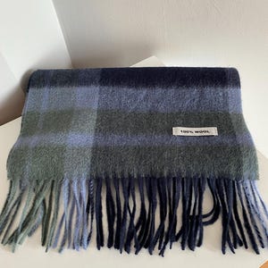 100% wollen geruite sjaal marinegroen blauw geruite winterwrap | Zachte warme wollen sjaal heren dames cadeau | Klassieke sjaal met franjes, 170 x 31 cm