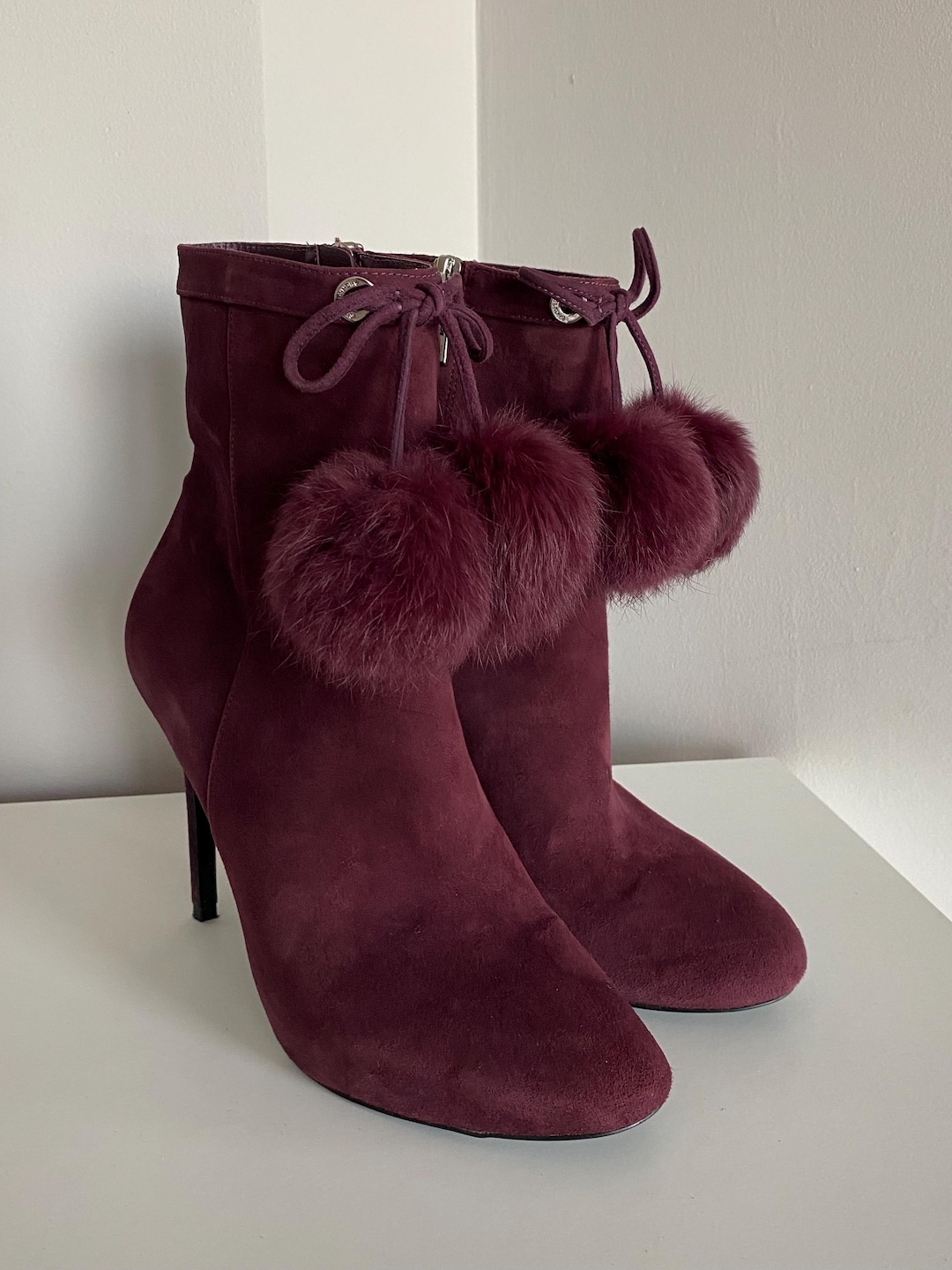 Vintage Michael Kors Remi Burgundy Suede Ankle Boots With Rabbit