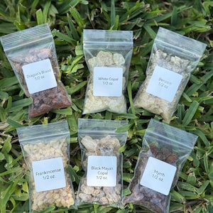 May include: Six small clear plastic bags containing various types of incense, each labeled with the name and weight of the incense. The incense includes Dragon's Blood, White Copal, Benzoin, Frankincense, Black Mayan Copal, and Myrrh. Each bag contains 1/2 ounce of incense.
