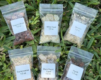 Resin Incense Sampler: White Copal, Black Mayan Copal, Frankincense, Myrrh, Dragons Blood, Benzoin