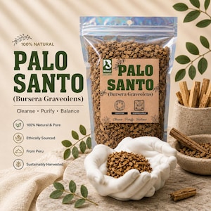 May include: A clear plastic resealable pouch filled with small brown wood chips labeled Palo Santo Bursera Graveolens. The packaging features green text and a logo. A white hand-shaped bowl holds a portion of the wood chips in the foreground.