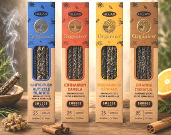 Geschenkset wierook, assorti, verpakking van 4: witte musk, kaneel, sandelhout, sinaasappel - natuurlijke wierookvlek