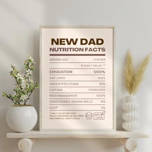 Presente engraçado para novo pai, presente para pai de primeira viagem, impressão de informações nutricionais, arte de parede com humor sobre paternidade, piada de pai pendurada, download instantâneo