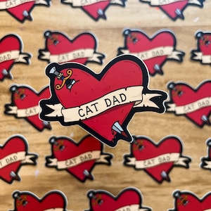 Cat Dad Waterproof Sticker | Tattoo Heart Traditional Style Cat Lover | Laptop Sticker | Water Bottle Sticker | Kindle Sticker