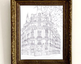 Paris Apartment Building Drawing: French Architectural Sketch Print