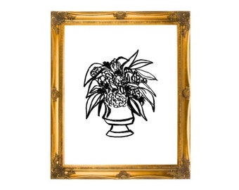 Flower Vase Art Print, dessin de fleur noire, dessin à l’encre florale, dessin au trait de fleur, art noir et blanc, cadeau pour elle