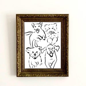 Modern Dogs Running with Tongues Out Line Drawing Illustration, Black and White Fun Dog Art Print for Neutral Decor