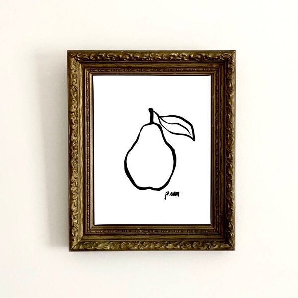 Graphic Bold Pear Line Drawing, Modern Minimalist Still Life Neutral Fruit Art Print, Pear Sketch Kitchen Art, Pear Study for Gallery Wall