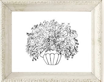 Art floral horizontal, impression d'art de fleur de cottage vintage, art de bouquet de fleurs, art mural esquisse florale, cadeau de moins de 25 ans dessin de fleurs au trait noir