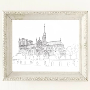 Cathedral of Notre Dame Paris Drawing, Black and White French Architecture Sketch for Unique French Travel Art Souvenir