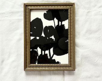 FRAMED Small Vintage Gold Wood Frame with Black Poppies Floral Drawing Art Print, Neutral Modern Spring Floral Bouquet