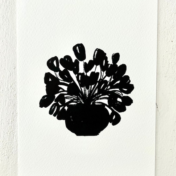 Modern Spring Botanical Art, Black Abstract Floral Art Print, Graphic Black and White Flower Painting, Modern Still Lift, Tulip Bouquet