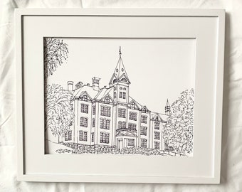 Traverse City State Hospital Drawing, Thomas Kirkbride Plan, Haunted Asylum Sketch, Northern Michigan Building Black and White Art Print