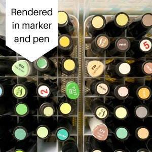 May include: A close-up of two rows of markers in a clear plastic storage case. The markers are arranged in a grid pattern. The markers are black with colored caps. The caps are labeled with numbers and letters. The numbers and letters are in white. The colors of the caps include green, yellow, beige, brown, and pink. The text on the caps includes: G12 Tea Green, PB-25, YG17, PB-23, E74 Mauve Satin, E16 Light Beige, PM-201, PM-78, PB-88, PM-61, PM-69, PM-140, 2, PM-185, PM-197, 3, 5.