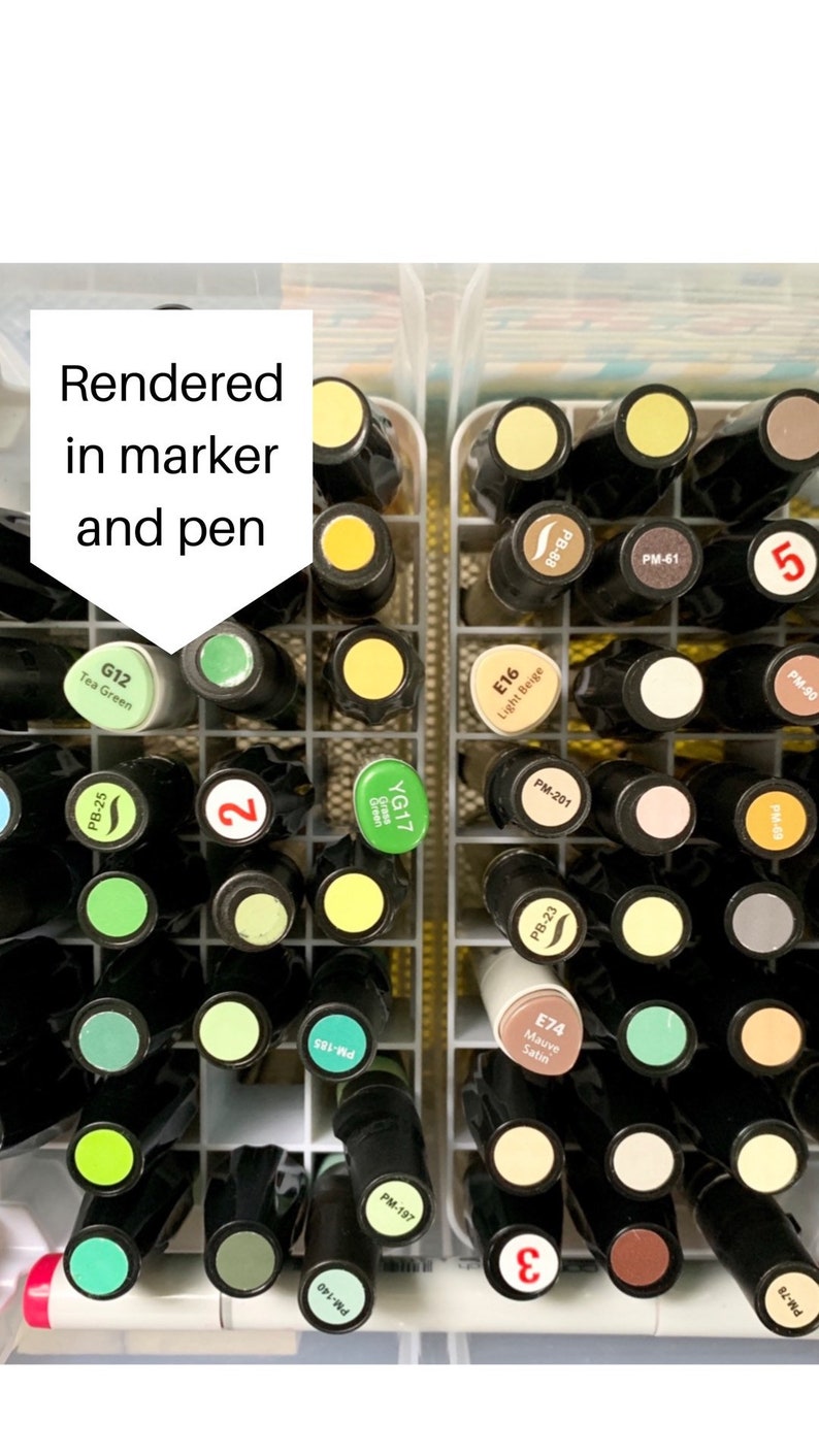 May include: A close-up of two rows of markers in a clear plastic storage case. The markers are arranged in a grid pattern. The markers are black with colored caps. The caps are labeled with numbers and letters. The numbers and letters are in white. The colors of the caps include green, yellow, beige, brown, and pink. The text on the caps includes: G12 Tea Green, PB-25, YG17, PB-23, E74 Mauve Satin, E16 Light Beige, PM-201, PM-78, PB-88, PM-61, PM-69, PM-140, 2, PM-185, PM-197, 3, 5.