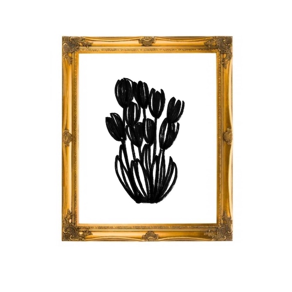 tulip drawing, black flower drawing, black tulips, line drawing, flower line drawing, neutral art, black and white art print, floral art