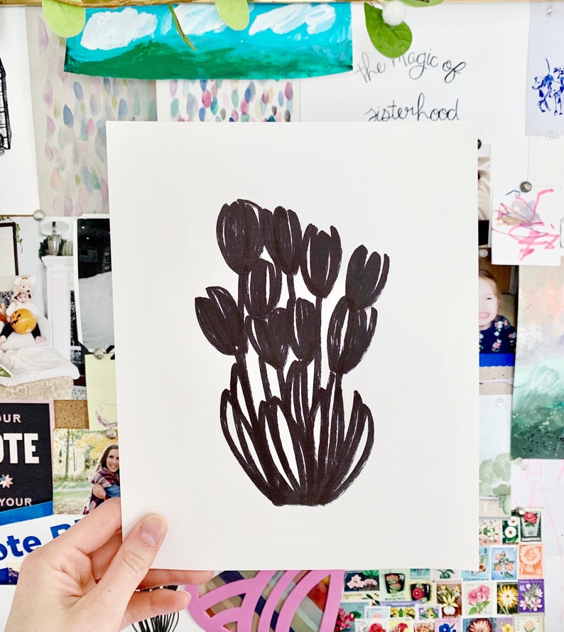 Tulip Drawing Black Flower Drawing Black Tulips Line Etsy