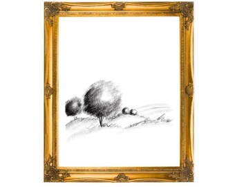 Landschaft Bleistift Skizze Druck: Vintage Cottage Stil