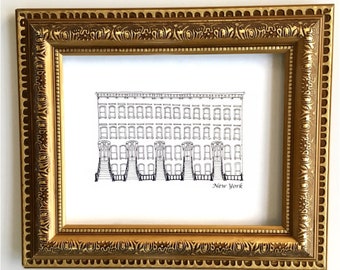 NYC Brownstone Line Drawing Art Print: New York City Street Sketch