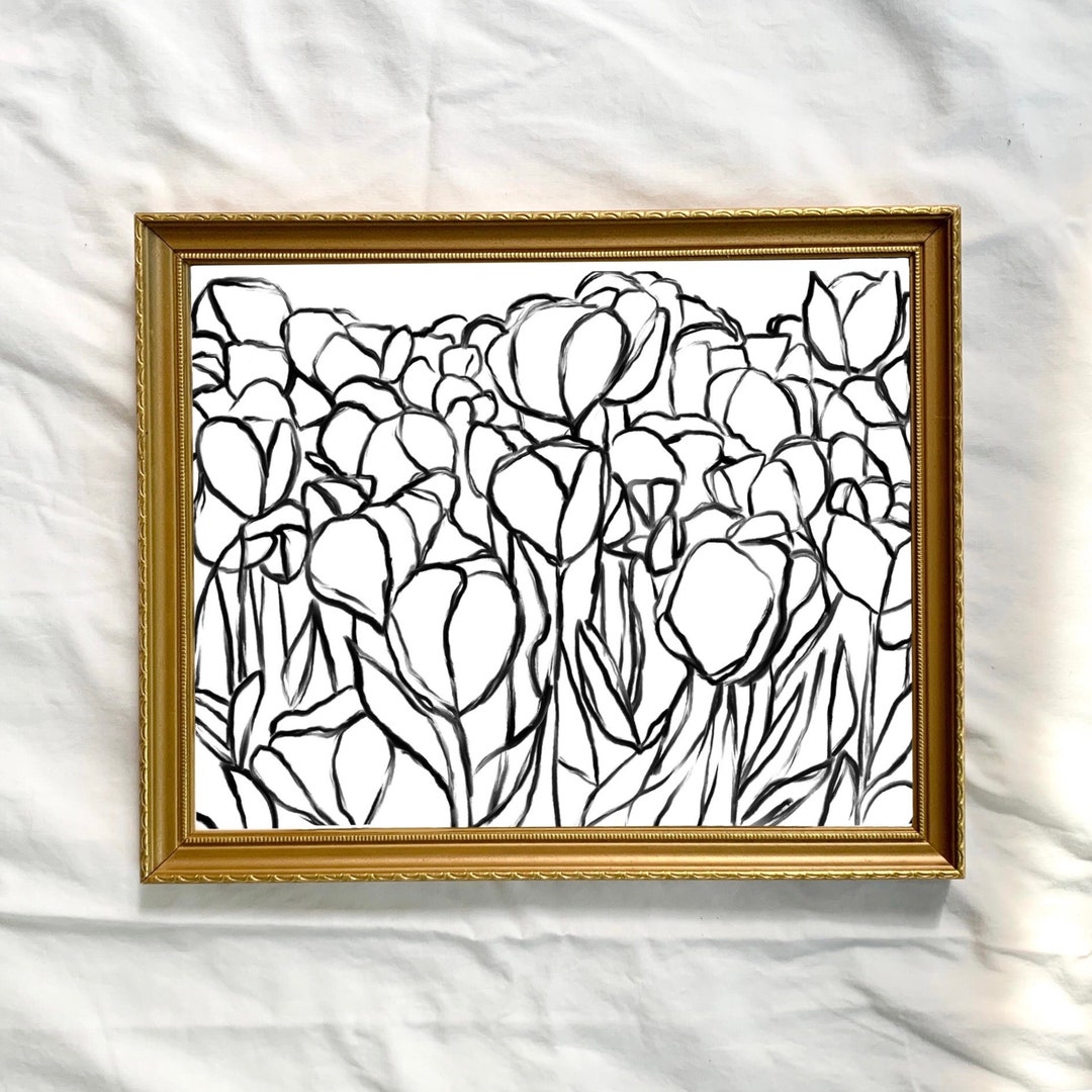 Black Abstract Tulip Drawing, Horizontal Floral Art Print, Graphic