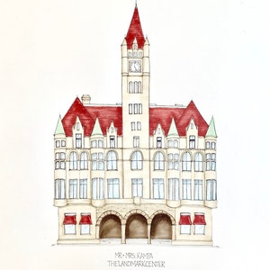 May include: A hand-drawn illustration of a building with a red roof and a clock tower. The building has arched windows and a large entrance with two arches. The building is labeled 'MR. + MRS. KAMPA THE LANDMARK CENTER'.