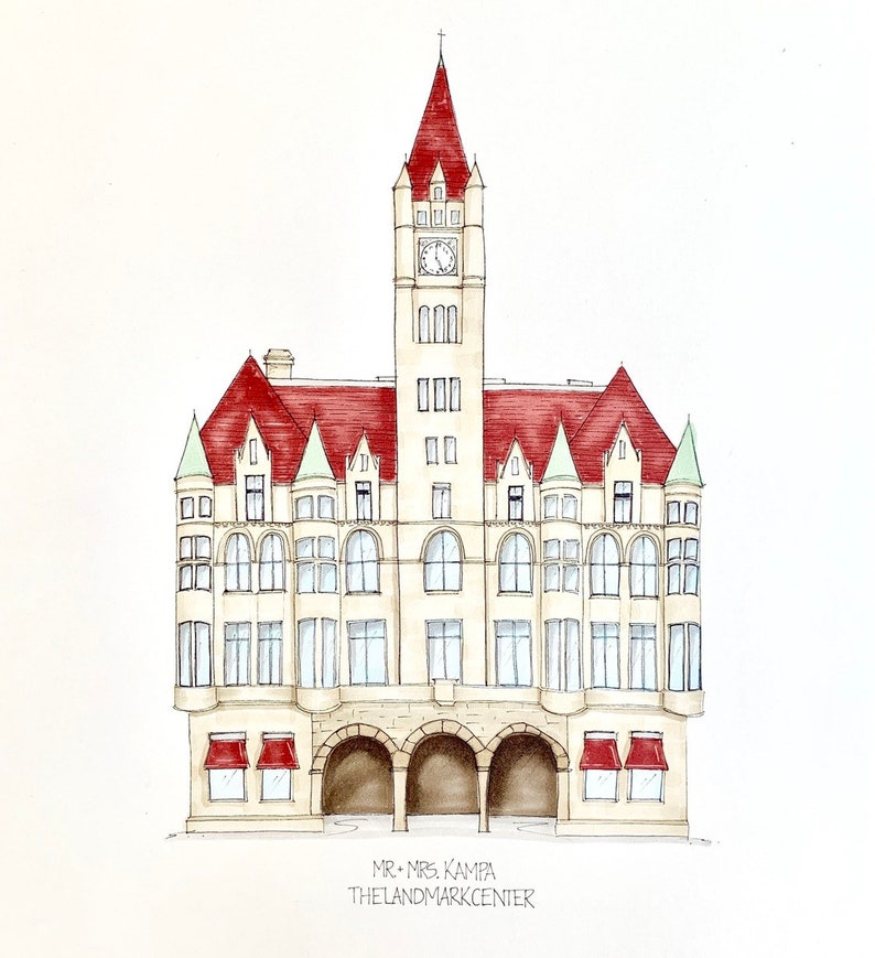 May include: A hand-drawn illustration of a building with a red roof and a clock tower. The building has arched windows and a large entrance with two arches. The building is labeled 'MR. + MRS. KAMPA THE LANDMARK CENTER'.