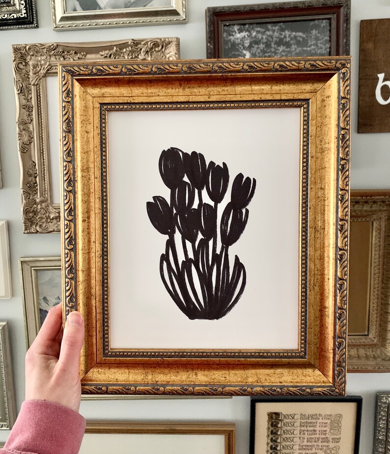 Tulip Drawing Black Flower Drawing Black Tulips Line Etsy
