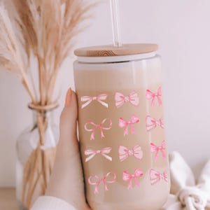Pink Bow Glass Tumbler Sipper 16oz Glass Cup with Straw and Lid Coffee Glass Gift For Friend Coquette Birthday Gift For Her Cute Drinkware