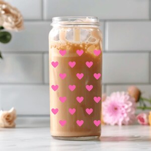 Pink Heart Glass Tumbler 16oz Minimal Aesthetic Cup with Lid and Straw Cute Drinkware Anniversary Gift, Bestie Gift, Valentine&#39;s Day Gift