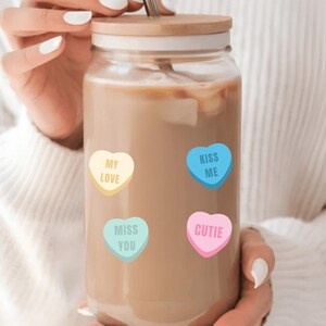 Valentine&#39;s Day Candy Heart Glass 16oz Iced Coffee Tumbler with Lid and Straw Galentines Aesthetic, Gift for Girlfriend, Gift For Her Ideas