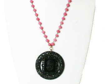 Vintage Pink Rosary Chain Black Jet Cameo Pendant Necklace Assemblage Collage OOAK Hand Made Statement Necklace  N5136