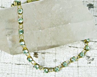 Vintage Rhinestone Chain Anklet with Peridot Crystals Beach Wear Jewelry Hippie Boho Summer Gift A5946