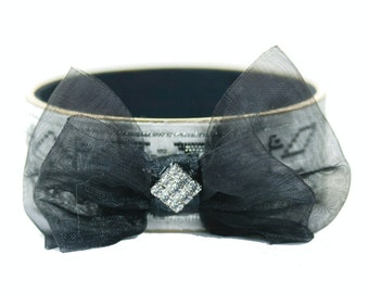 Vintage Black White Silver Ribbon Black Vintage Dress Trim Bangle Bracelet Vintage Ribbon Assemblage Collage Hand Made OOAK   B4619