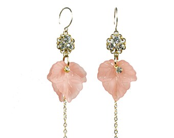 Pink Acrylic Leaf and Vintage Chain Earrings Gold Filled Ear Wires Assemblage OOAK Hand Made Earrings Long Chain    E5809