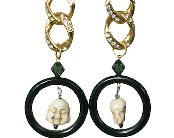 Lucky buddha vintage gold rhinestone chain chandelier statement earrings Spiritual Jewelry Assemblage OOAK     E5764