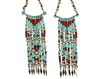 Vintage Boho Hippie Turquoise Coral Seed Bead Multi Colored Pierced Earrings Chain Fringe Festival Jewelry OOAK VE808