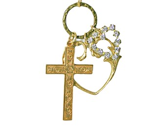 Vintage Brass Cross Heart & Crystal Heart Pendant Necklace Anti Tarnish Chain Assemblage OOAK Women's Jewelry Gift  N6055