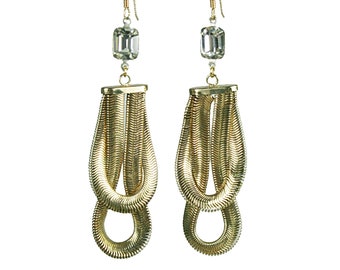 Vintage Serpentine Chain Upcycled Assemblage Gold Tone Pierced Earrings with Vintage Rhinestone Crystal Statement Earrings  E6216