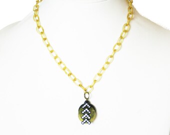 Antique Celluloid Art Deco Black Pendant Rhinestone Clear Chain Estate Jewelry Collectible Minimalist Jewelry  VN259