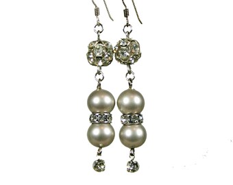 Vintage Miriam Haskell Champagne Pearl Rhinestone Earrings Hand Made OOAK Assemblage Wedding Bridal Earrings    E5728