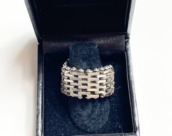 Vintage Wide Silver Watch Chain ring size 9  Hand Made Assemblage OOAK Mesh Ring R5932
