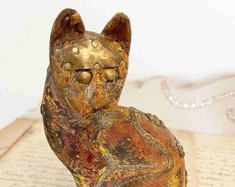 Vintage India Cat Statue, Cat figurine, Altar Milagro Cat, Wooden & Brass Fitted, Cat Figurine Statue, Cat Lover Gift, Kitten Statue  AS241