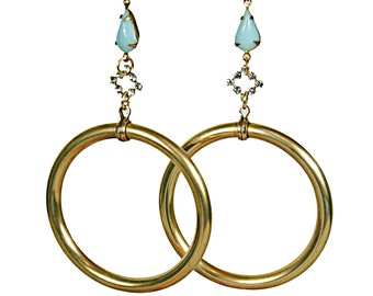Large Two Inch Vintage Brass Hoop Earrings Turquoise Blue Glass Stone Rhinestone Drop Handmade Assemblage OOAK Statement Earrings  E5706